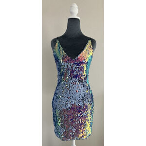 Dress Sleeveless Sequin Mermaid Blue Razor Back Club Party Rave V-Neck Vegas 3